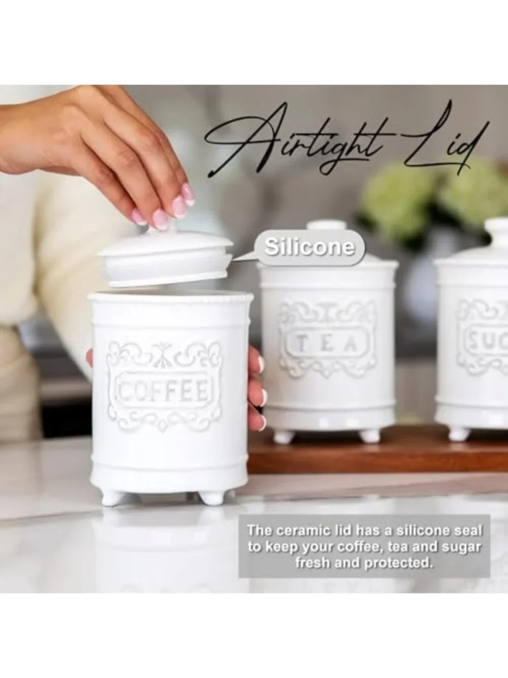 3-Piece Ceramic Canister Set - 35 Oz Each, Airtight Lids, Kitchen Storage
